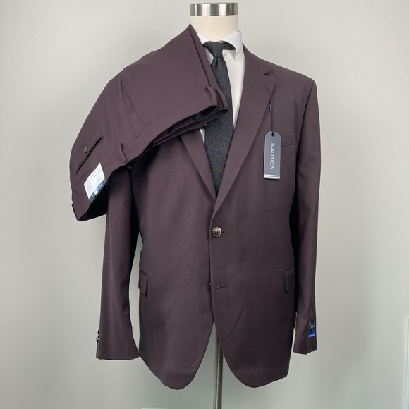 Nautica Mens Modern fit 2 Piece Suit 52 R / 47 Waist Burgundy Red Solid Stretch